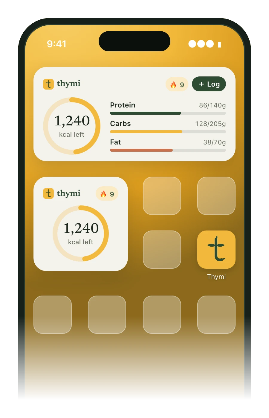 iPhone Home Screen with two Thymi widgets: a medium widget showing a 1,240 kcal left ring with protein, carbs and fat bars, and a small widget with the calorie ring